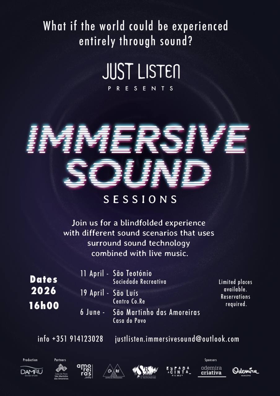 Poster for immersive sound sessions a blindfolded surround sound and live music experience in Sao Teotónio portugal